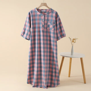 Nachthemd aus kariertem Baumwollgaze mit 3 Knöpfen - Rosa - XL - image 0