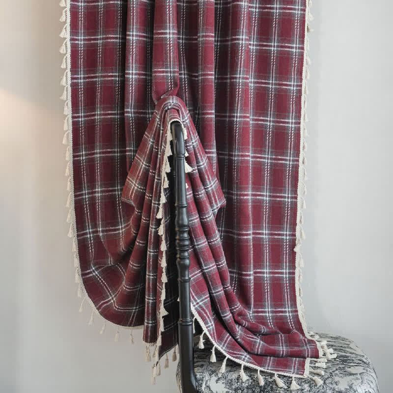 Vorhang im Vintage-Stil, burgunderrot kariert, mit Quasten - image 5