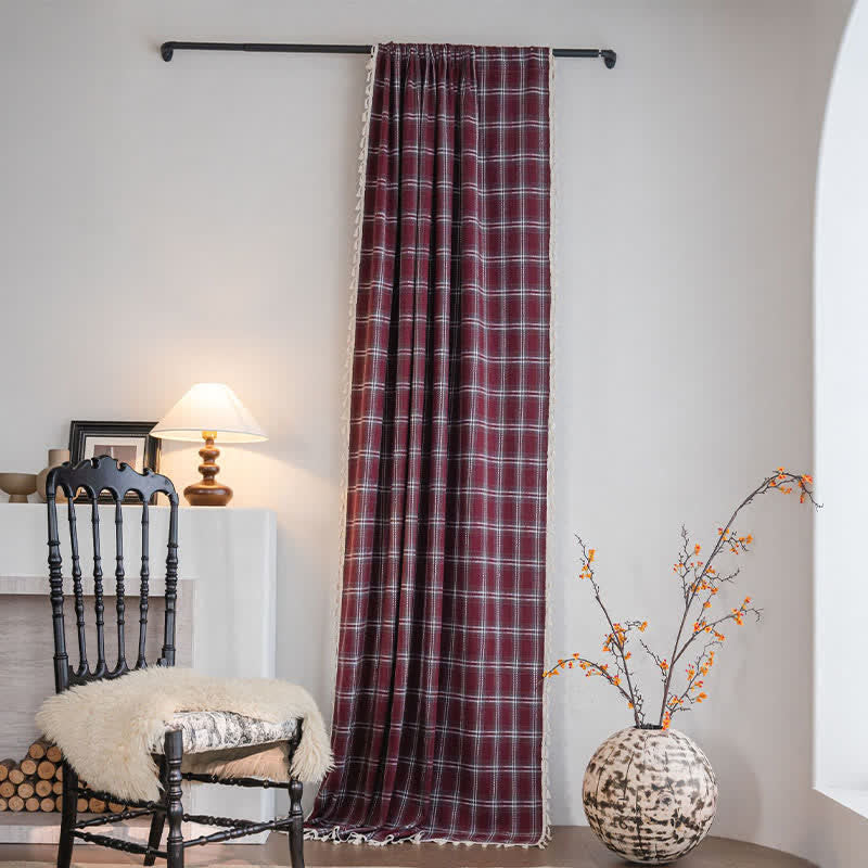 Vorhang im Vintage-Stil, burgunderrot kariert, mit Quasten - Öse - 140cm x 280cm - image 0