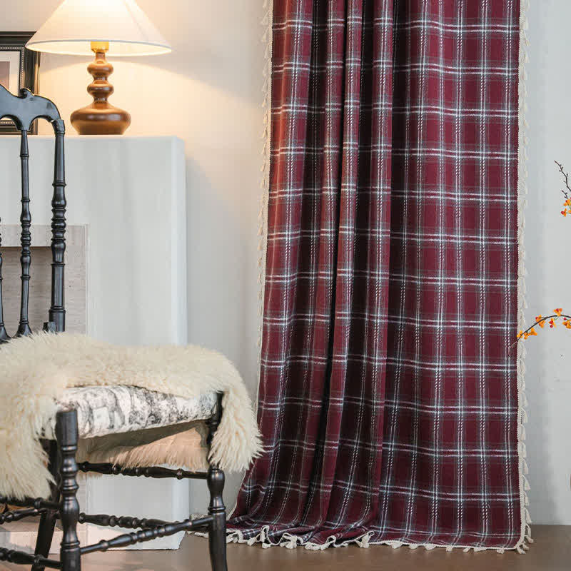Vorhang im Vintage-Stil, burgunderrot kariert, mit Quasten - image 1