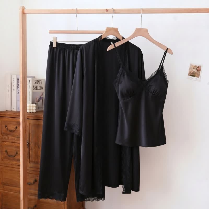 Elegantes Loungewear-Set mit seidigem Spitzenbesatz (3-teilig) - Schwarz - XL - image 3