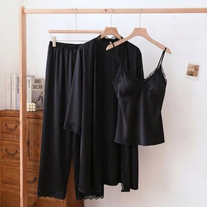 Elegantes Loungewear-Set mit seidigem Spitzenbesatz (3-teilig) - Schwarz - XL - image 3