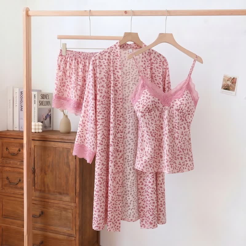 Set aus Shorts und Bademantel mit Leopardenmuster und Spitzenbesatz - Rosa - 2XL - image 8