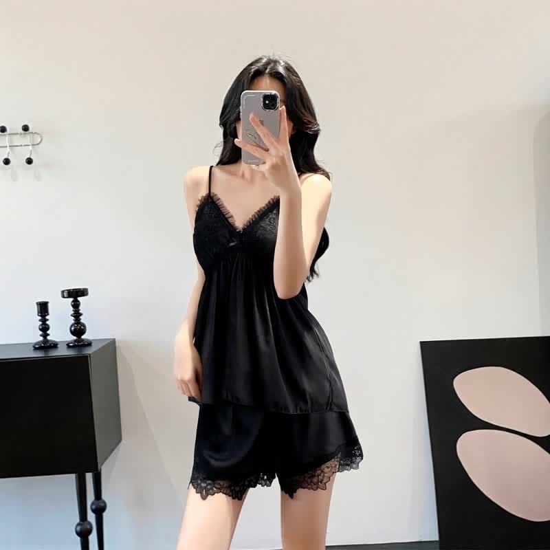 Elegantes Loungewear-Set mit Spitzenbesatz - Schwarz - Cami & Shorts - XXL - image 11