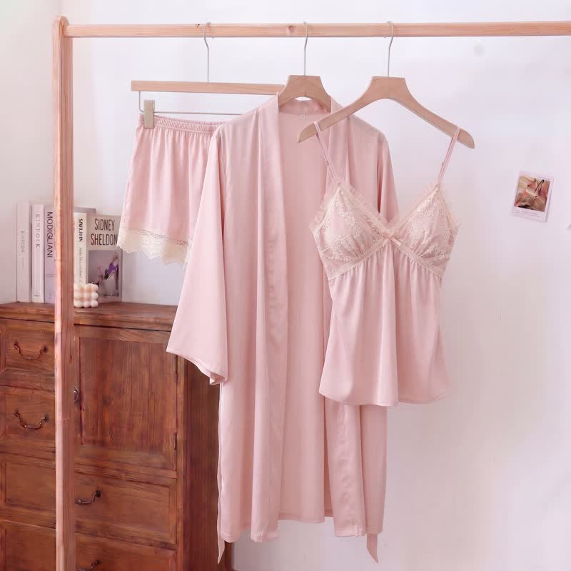 Elegantes Loungewear-Set mit Spitzenbesatz - Rosa - Camisole, Shorts und Bademantel - XXL - image 12