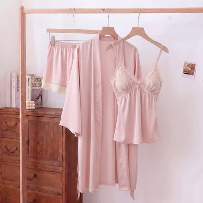 Elegantes Loungewear-Set mit Spitzenbesatz - Rosa - Camisole, Shorts und Bademantel - XXL - image 12