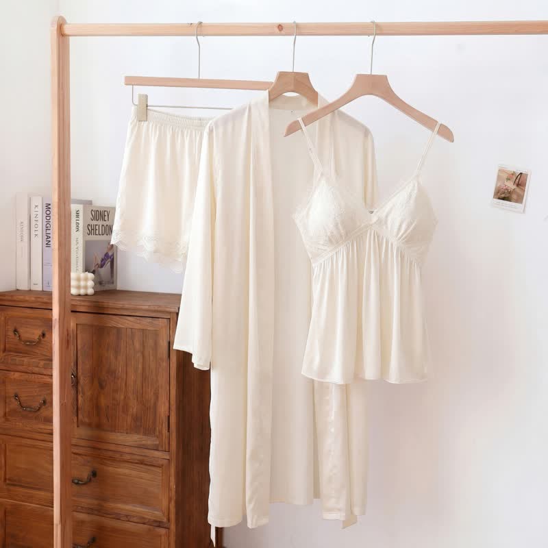 Elegantes Loungewear-Set mit Spitzenbesatz - Weiß - Camisole, Shorts und Bademantel - XXL - image 0