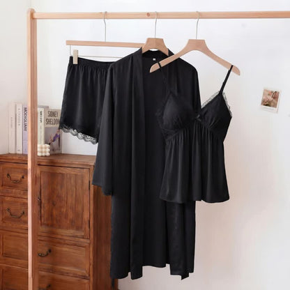 Elegantes Loungewear-Set mit Spitzenbesatz - Schwarz - Camisole, Shorts und Bademantel - XXL - image 6