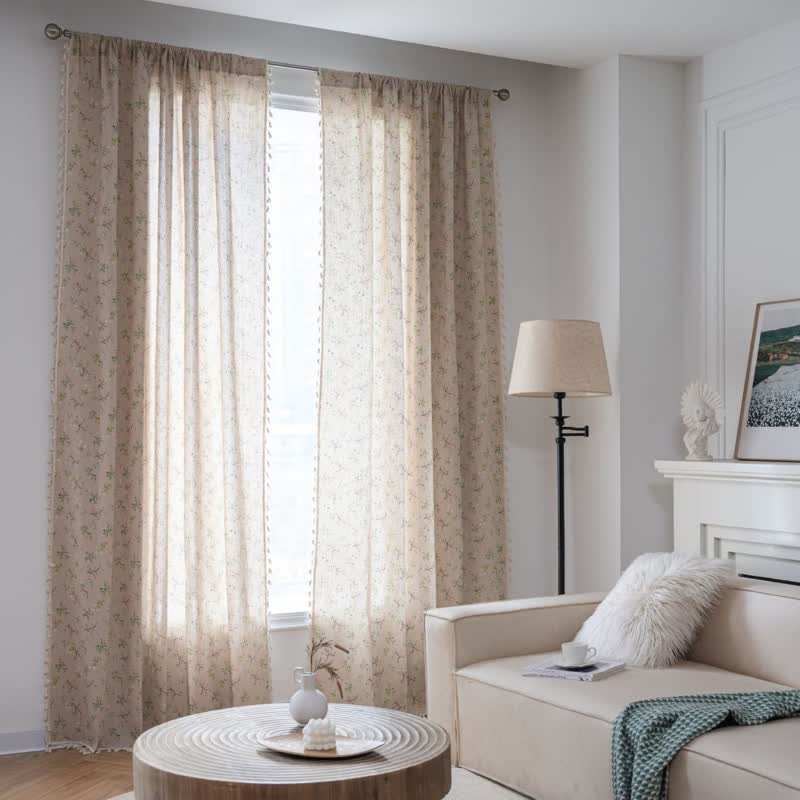 Eleganter Vorhang mit Zweig- und Blumenmuster und Quaste - Öse - 150cm x 300cm - image 0