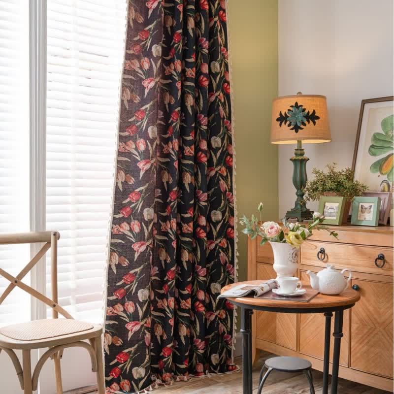 Vorhang mit Tulpenmuster, Jacquard-Stil und Quasten - image 1