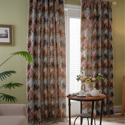 Bunter Hahnentritt-Jacquard-Vorhang mit Quaste - Öse - 150cm x 300cm - image 0