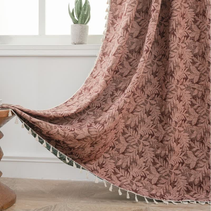 Vintage-Vorhang mit Blatt-Jacquardmuster und Quaste - Rot - Öse - 150cm x 300cm - image 1