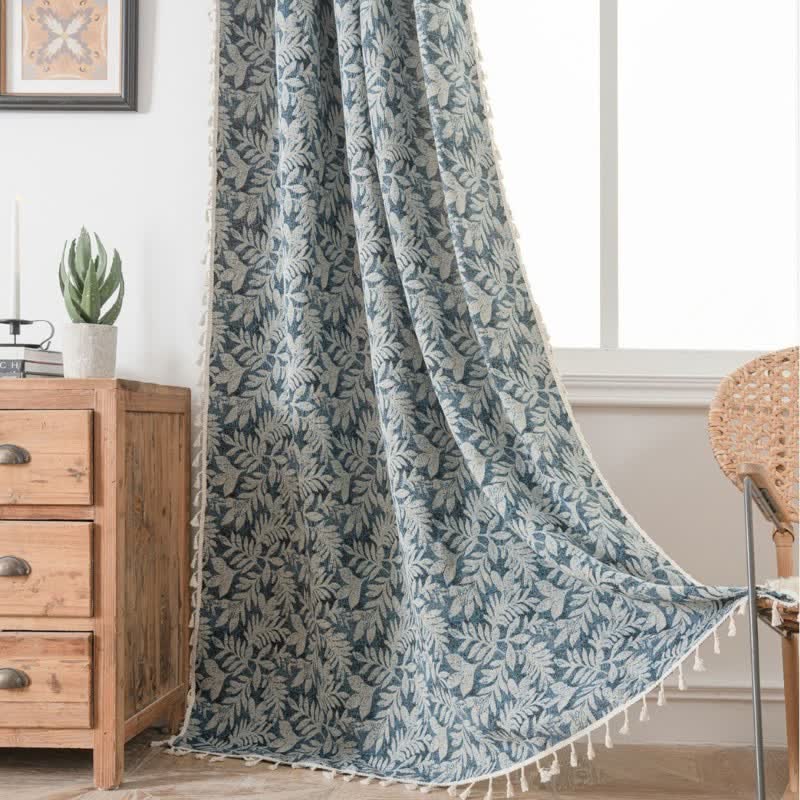 Vintage-Vorhang mit Blatt-Jacquardmuster und Quaste - Blau - Öse - 150cm x 300cm - image 4