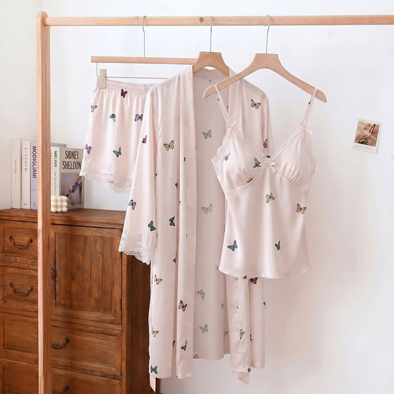 Pyjama-Set mit Schmetterlings-Spitzenbesatz - Rosa - Camisole, Shorts und Bademantel - XL - image 5