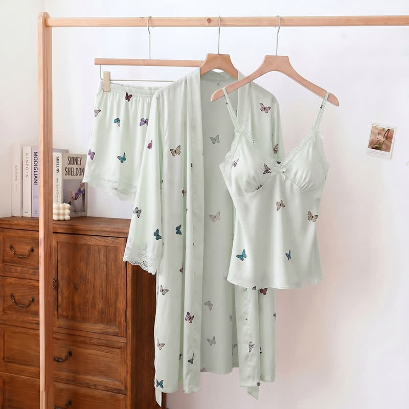 Pyjama-Set mit Schmetterlings-Spitzenbesatz - Grün - Camisole, Shorts und Bademantel - XL - image 10