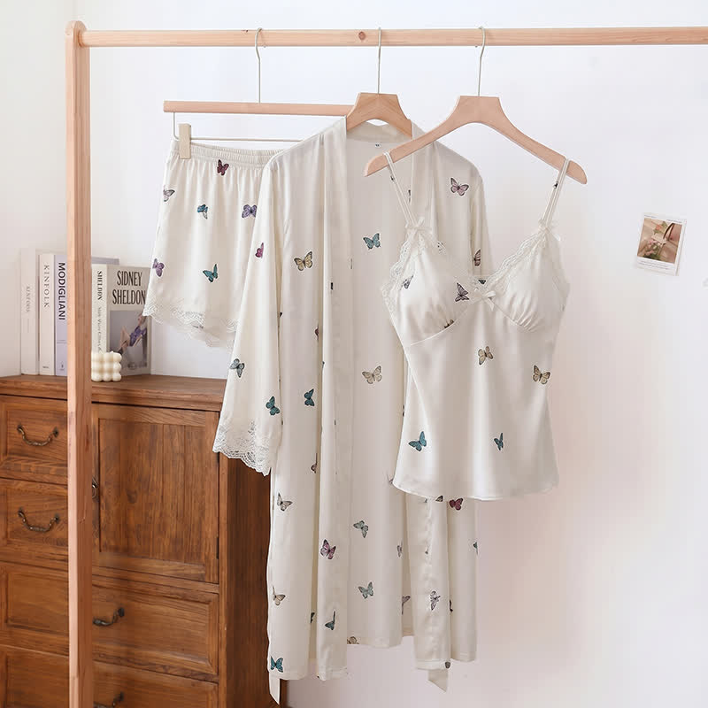 Pyjama-Set mit Schmetterlings-Spitzenbesatz - Beige - Camisole, Shorts und Bademantel - XL - image 0