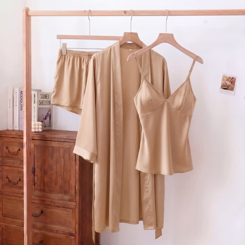 Einfarbiges, seidiges Cami-Pyjama-Set (3-teilig) - Sekt - XL - image 0