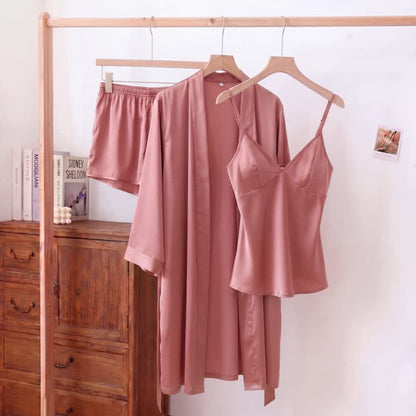 Einfarbiges, seidiges Cami-Pyjama-Set (3-teilig) - Rose - XL - image 3