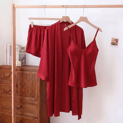 Einfarbiges, seidiges Cami-Pyjama-Set (3-teilig) - Wein - XL - image 6