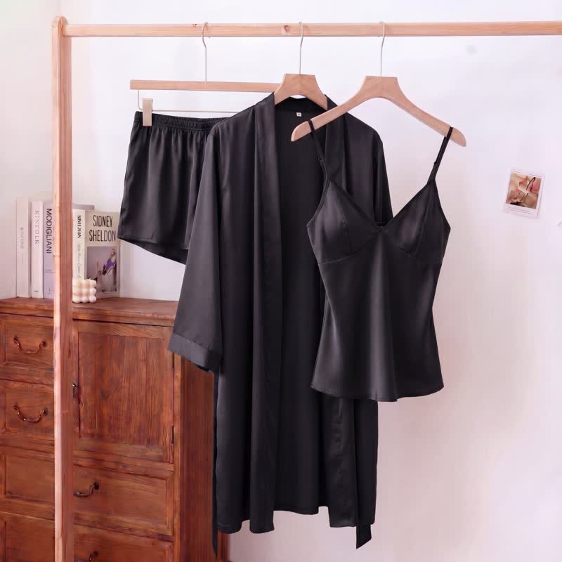 Einfarbiges, seidiges Cami-Pyjama-Set (3-teilig) - Schwarz - XL - image 8