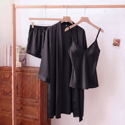Einfarbiges, seidiges Cami-Pyjama-Set (3-teilig) - Schwarz - XL - image 8