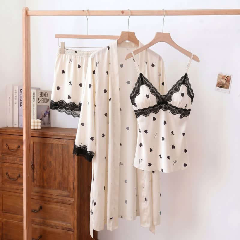 Pyjama-Set mit Herz- und Schleifenbesatz aus Spitze (3-teilig) - Weiß - XL - image 0