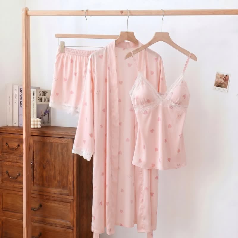 Pyjama-Set mit Herz- und Schleifenbesatz aus Spitze (3-teilig) - Rosa - XL - image 1