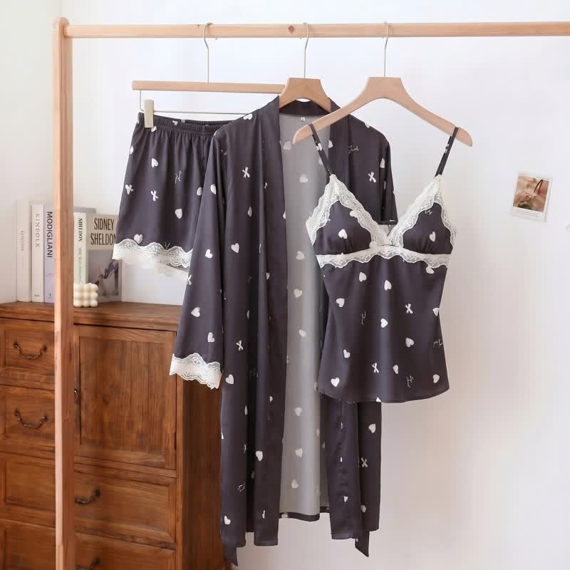 Pyjama-Set mit Herz- und Schleifenbesatz aus Spitze (3-teilig) - Schwarz - XL - image 2