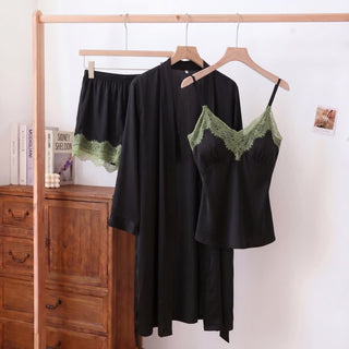 Pyjama-Set mit einfarbigem V-Ausschnitt und Spitzenbesatz (3-teilig) - Schwarz - XL - image 0