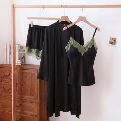 Pyjama-Set mit einfarbigem V-Ausschnitt und Spitzenbesatz (3-teilig) - Schwarz - XL - image 0