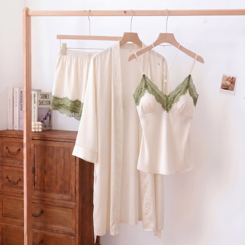 Pyjama-Set mit einfarbigem V-Ausschnitt und Spitzenbesatz (3-teilig) - Weiß - XL - image 4