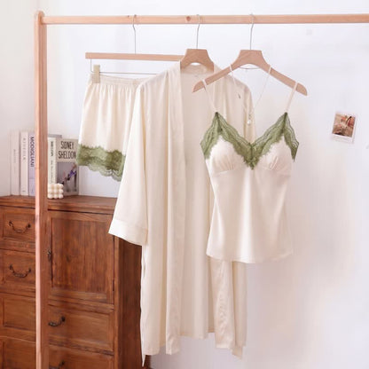 Pyjama-Set mit einfarbigem V-Ausschnitt und Spitzenbesatz (3-teilig) - Weiß - XL - image 4