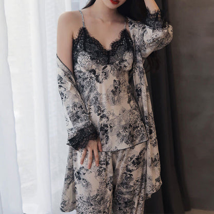 Elegantes schwarzes Camisole-Bademantel-Set mit Blumenmuster und Spitze (3-teilig) - image 1