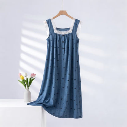 Ärmelloses Nachthemd aus gestreifter, geblümter Baumwollspitze - Blau - 2XL - image 0