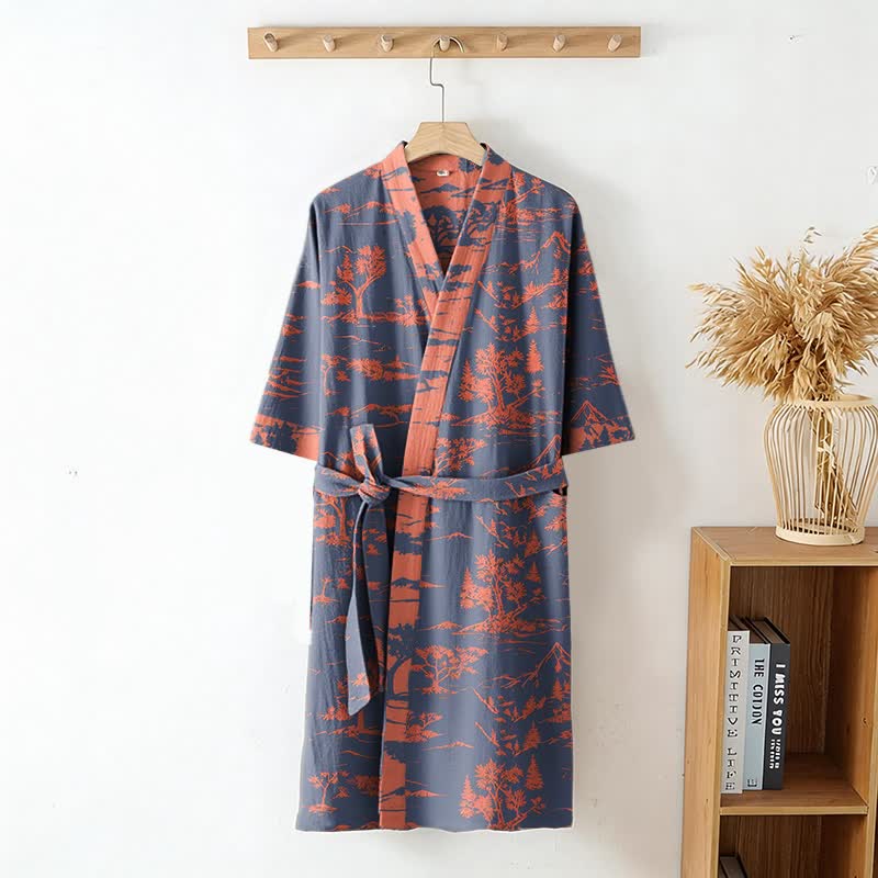 Unisex Kimono-Bademantel aus Baumwollgaze mit Berg- und Baummotiven - image 2