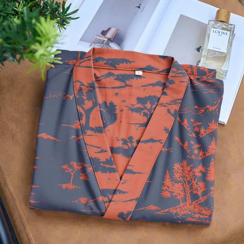 Unisex Kimono-Bademantel aus Baumwollgaze mit Berg- und Baummotiven - image 3