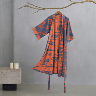 Unisex Kimono-Bademantel aus Baumwollgaze mit Berg- und Baummotiven - Marine - XL - image 0