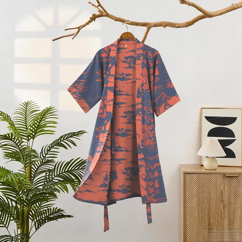 Unisex Kimono-Bademantel aus Baumwollgaze mit Berg- und Baummotiven - image 1