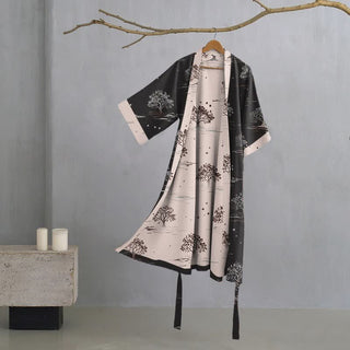 Unisex Kimono-Bademantel aus Baumwolle mit dem Muster „Charcoal Tree“ - Grau - XL - image 0