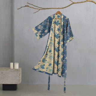 Unisex Kimono-Bademantel aus Baumwolle mit Ahornblattmuster - Blau - XL - image 0