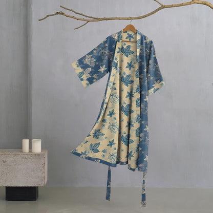 Unisex Kimono-Bademantel aus Baumwolle mit Ahornblattmuster - Blau - XL - image 0
