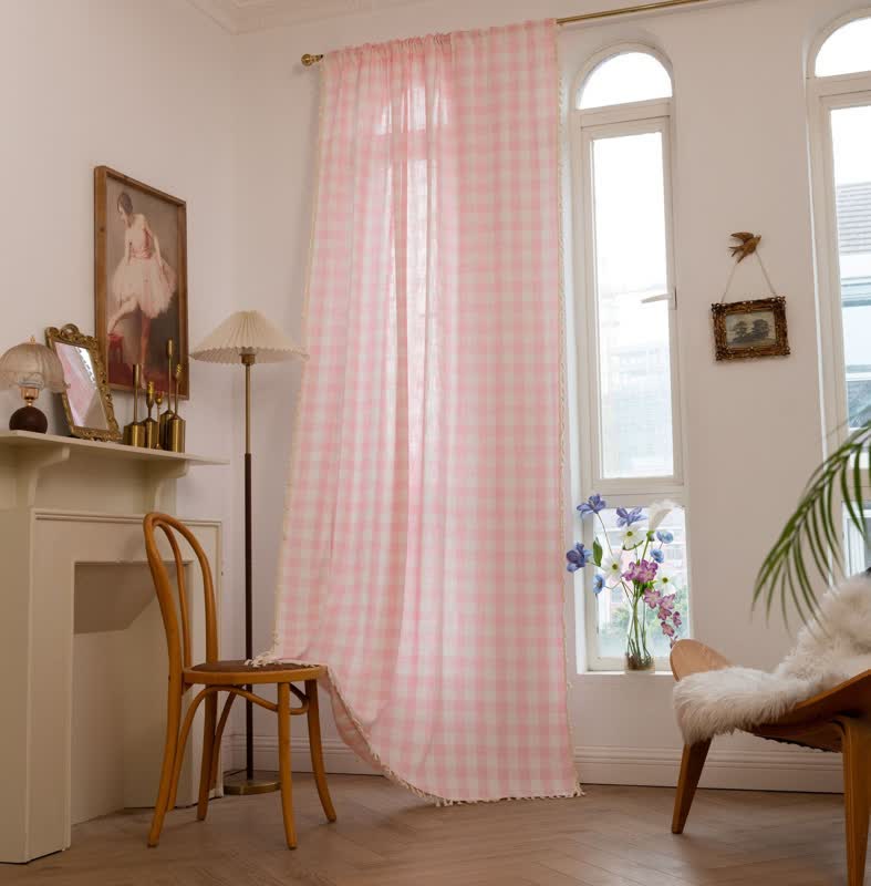 Karogardine im Landhausstil mit Quasten - Rosa - 140cm x 300cm - image 0