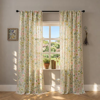 Vorhang mit Gänseblümchen- und Blättermuster und Quasten - 132cm x 241cm - image 0