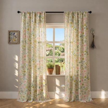 Vorhang mit Gänseblümchen- und Blättermuster und Quasten - 132cm x 241cm - image 0