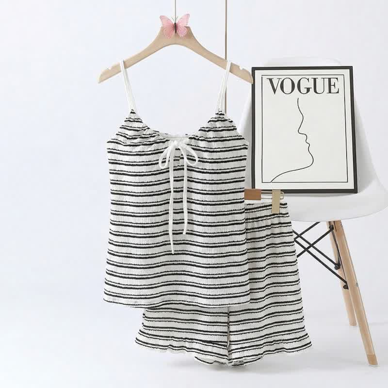 Pyjama-Set mit Schleife vorne, gestreiftem Trägertop und Shorts - Schwarz - 2XL - image 7