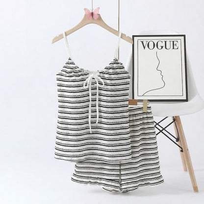 Pyjama-Set mit Schleife vorne, gestreiftem Trägertop und Shorts - Schwarz - 2XL - image 7