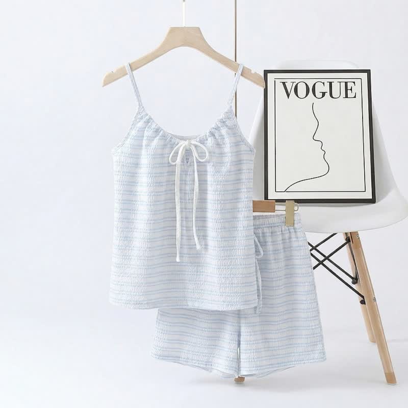 Pyjama-Set mit Schleife vorne, gestreiftem Trägertop und Shorts - Blau - 2XL - image 14