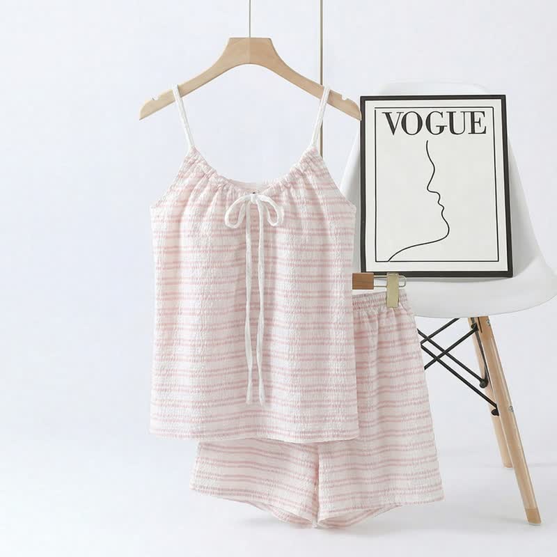 Pyjama-Set mit Schleife vorne, gestreiftem Trägertop und Shorts - Rosa - 2XL - image 0