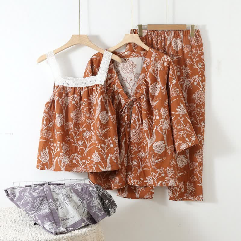 3-teiliger Pyjama-Satz aus reiner Baumwolle mit Blumenmuster - image 3