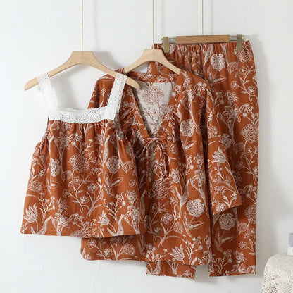 3-teiliger Pyjama-Satz aus reiner Baumwolle mit Blumenmuster - Orange - L - image 0